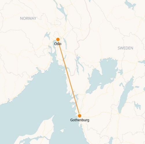 Mapa ferroviário de Gotemburgo a Oslo