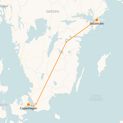 Mapa ferroviário de Estocolmo a Copenhague