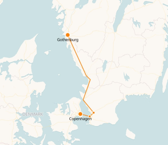 Mapa ferroviário de Copenhague a Gotemburgo