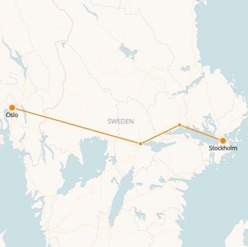 Mapa ferroviário de Estocolmo a Oslo